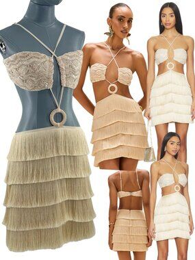 🆕 PATBO 🧿 NWOT Crochet Bloom Cut Out Mini Dress, Beige - Sz US 8 BR 40